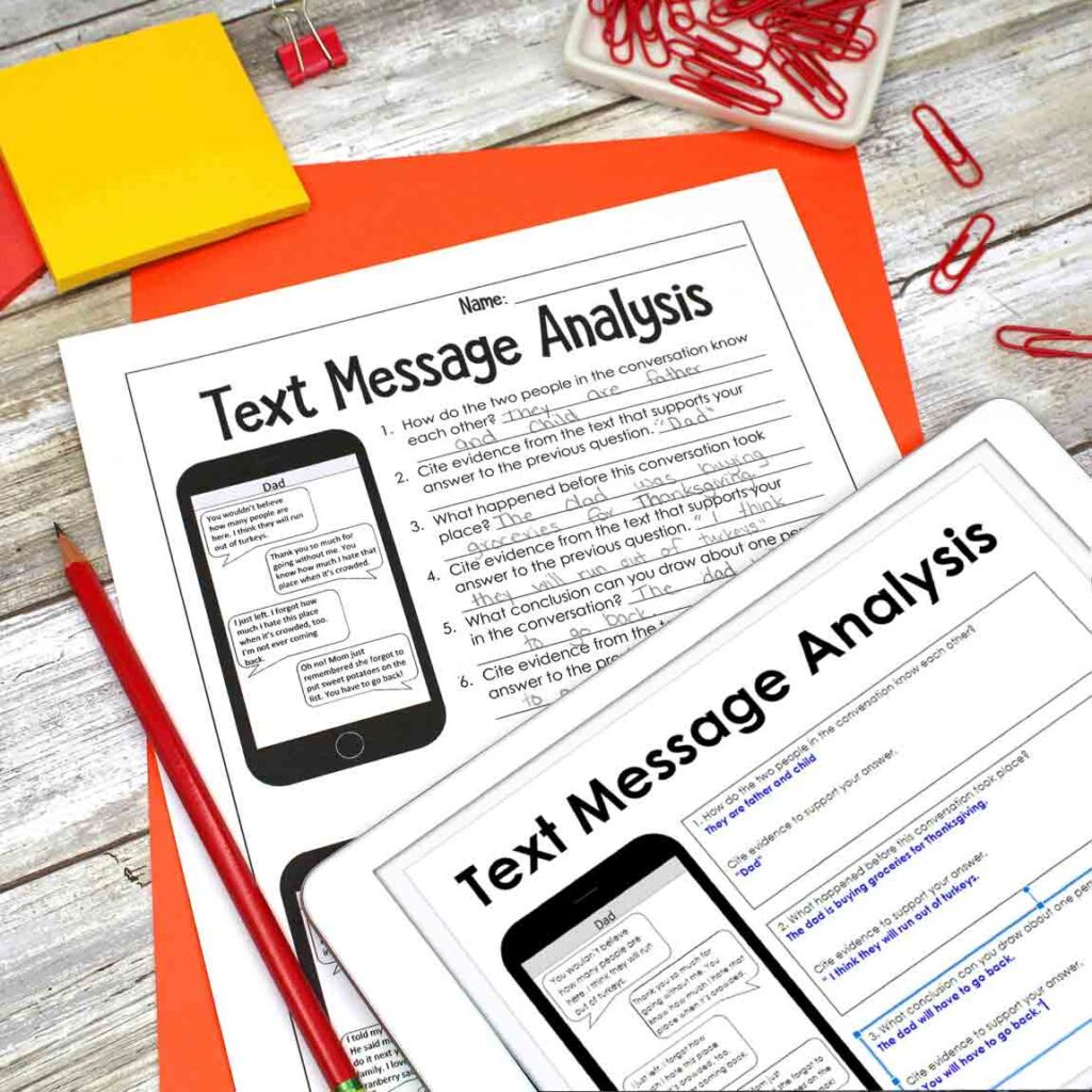 Example of Thanksgiving text message analysis workshet