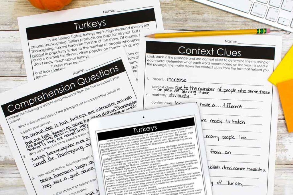 Thanksgiving reading passages for middle school