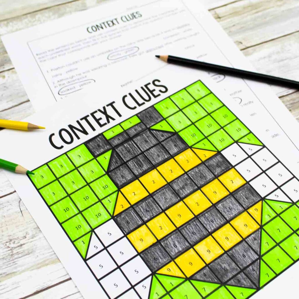 Spring Reading Activities for Middle School Context Clues Color by Number Bee