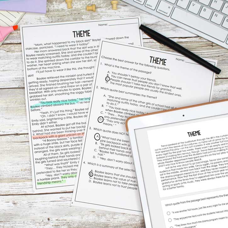 Theme reading passages for middle school