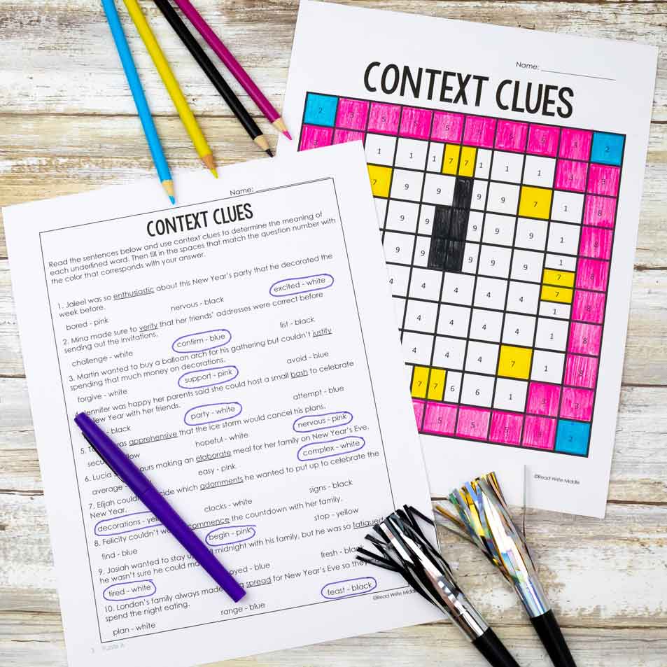 New Year's context clues color by number activity