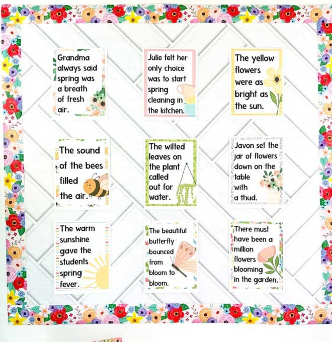 Example of spring bulletin board for middle school with figurative language posters