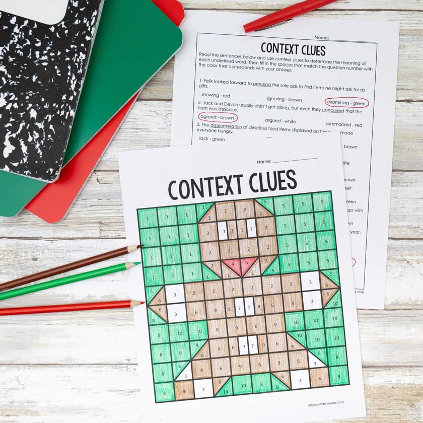 Before winter break activities context clues color by number
