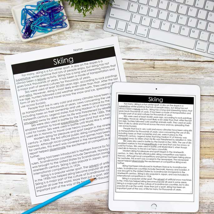 Skiing reading passage for before winter break activities