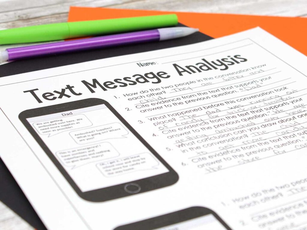 Example of Halloween text message analysis that is a Halloween activity for middle school ELA