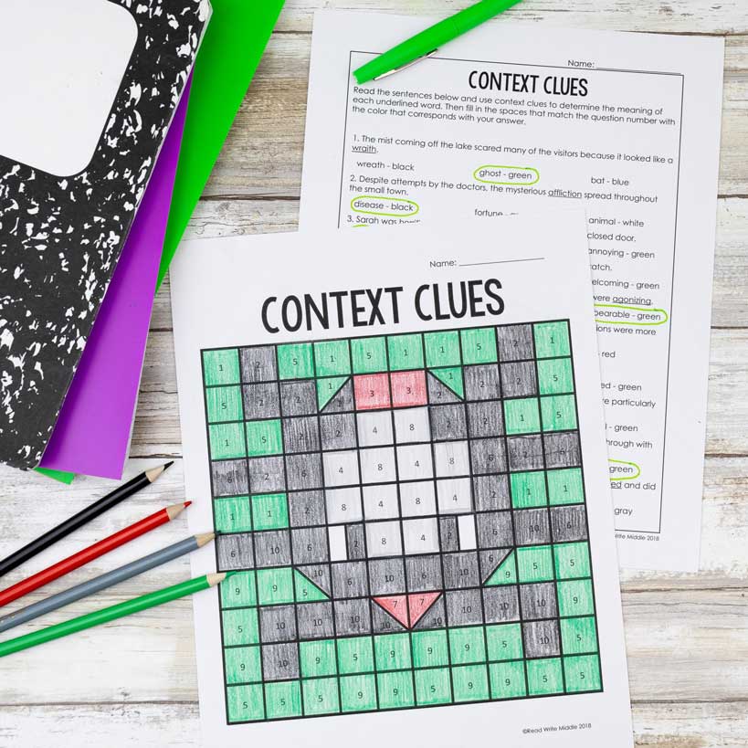 Example of Halloween context clues color by number that is a Halloween activity for middle school ELA