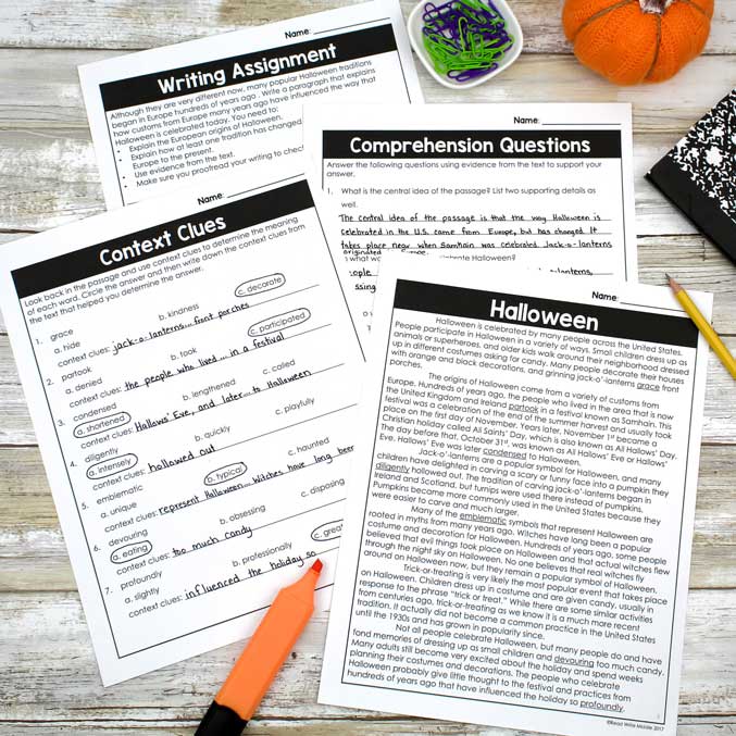 Example of Halloween reading passage that is a Halloween activity for middle school ELA