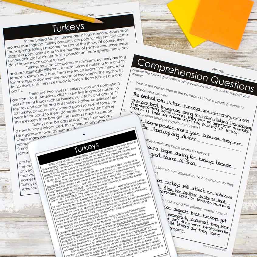 Thanksgiving worksheet for middle school Turkeys reading passage image